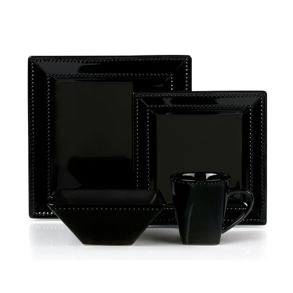 Stylish and Elegant 16 Piece Square Beaded Stoneware Dinnerware set Service for Hosting Parties and Events - Black, 16 Piece, Square Beaded