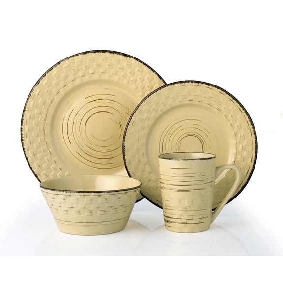 Stylish and Elegant 16 Piece Stoneware Dinnerware Service Set for 4 People - Distressed Weave, Buttercup