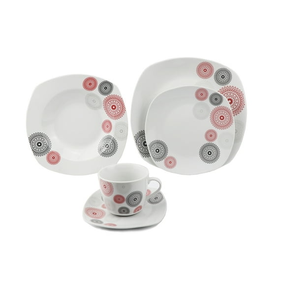 Stylish and Elegant 20 Pieces Porcelain Square Dinnerware Set Service for 4 People for Hosting Parties and Events - Black/Red