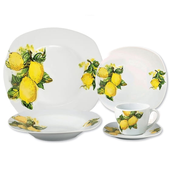 Stylish and Elegant 20 Pieces Porcelain Square Dinnerware Set Service for 4 People for Hosting Parties and Events - Lemon Design