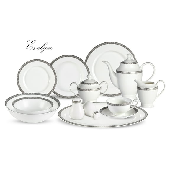 Stylish and Elegant 57 Pieces Bone China Dinnerware Set Service for Hosting Parties and Events for 8 People - Evelyn, 57 Piece