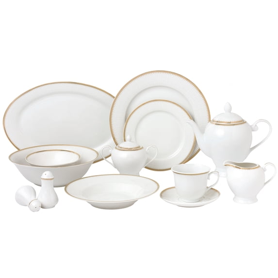 Stylish and Elegant 57 Pieces Porcelain Dinnerware Set Service for 8 People - Georgette, Gold Border