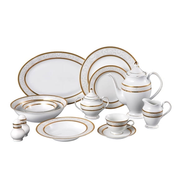 Stylish and Elegant 57 Pieces Porcelain Dinnerware Set Service for 8 People - Home Trends, Gold Border