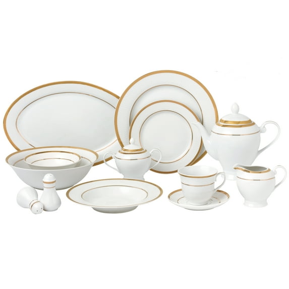 Stylish and Elegant 57 Pieces Porcelain Dinnerware Set Service for 8 People - Josephine, Gold Border