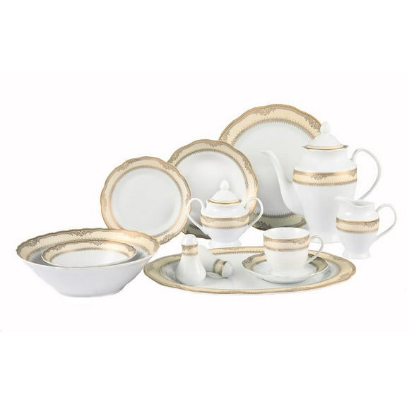 Stylish and Elegant 57 Pieces Porcelain Dinnerware Set Service for 8 People for Hosting Parties and Events - Wavy Edge, Gold Border
