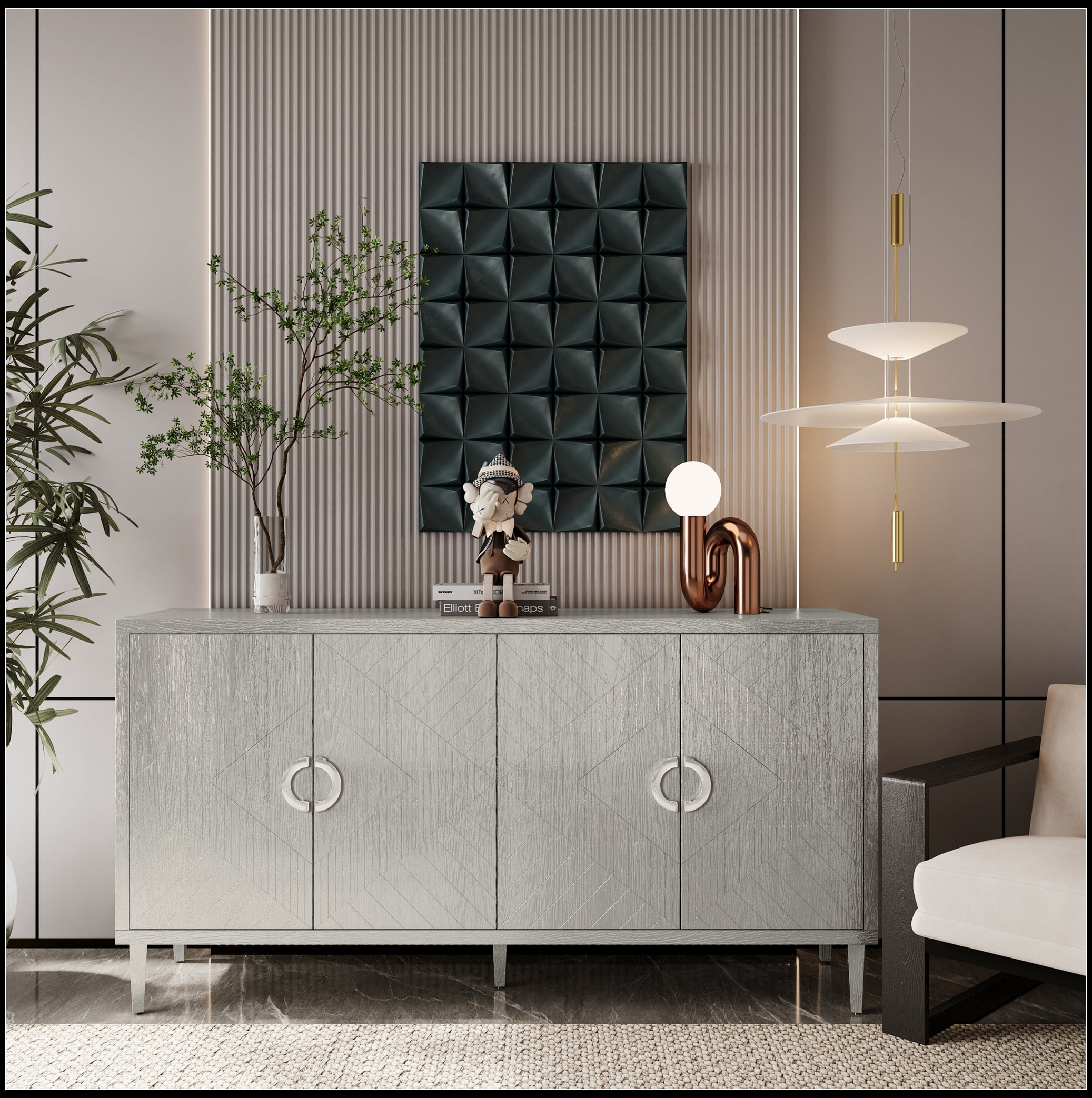Stylish and Functional 4-Door Storage Cabinet with Pine Legs and MDF