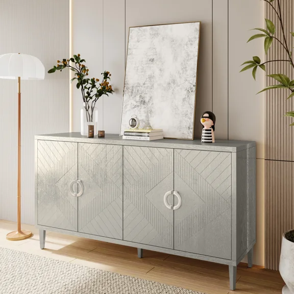 Stylish and Functional 4-Door Storage Cabinet with pine legs and MDF, for Living Room Bedroom,and Kitchen,Champagne