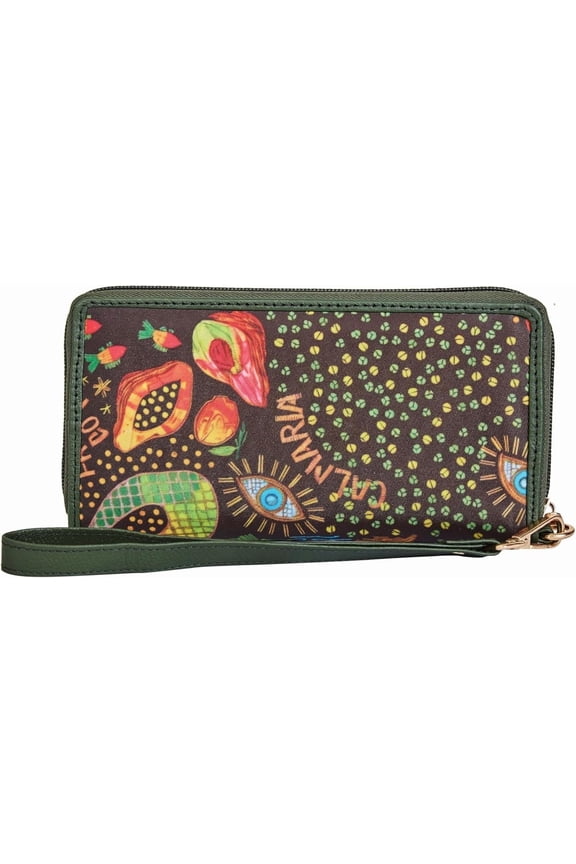 Womens Hand Crafted Printed Nylon & Leather Wristlet Travel Wallet Stylish Printed Organizer with Leather Trim for Ladies