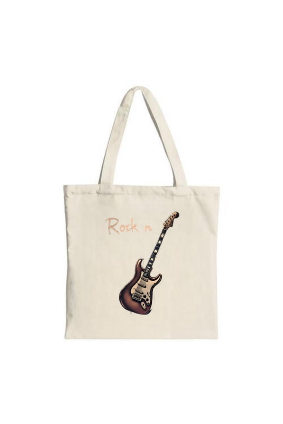 Stylish canvas tote bag featuring a guitar design with ' Rock n ' text perfect for music lovers Ideal for shopping travel and parties