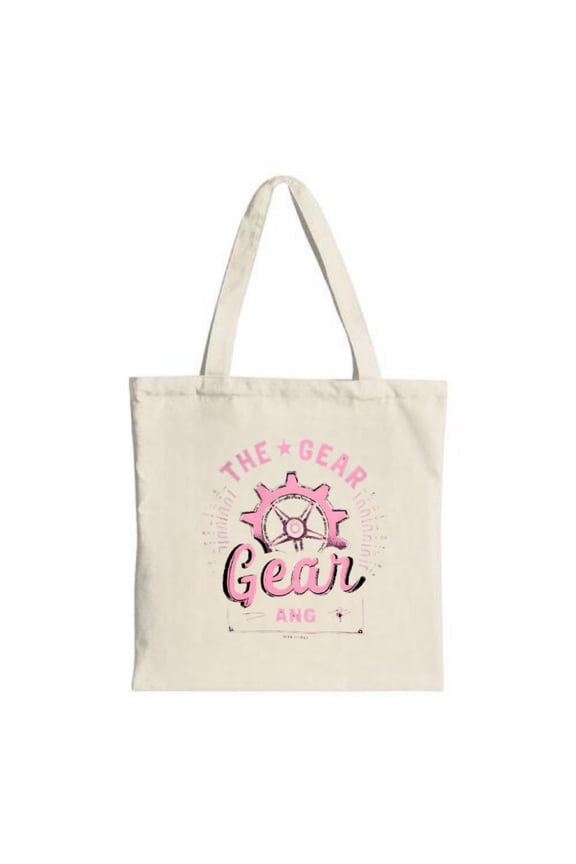 Stylish canvas tote bag featuring a large gear design with bold pink " THE GEAR " text and playful cursive " Gear " below perfect for shopping