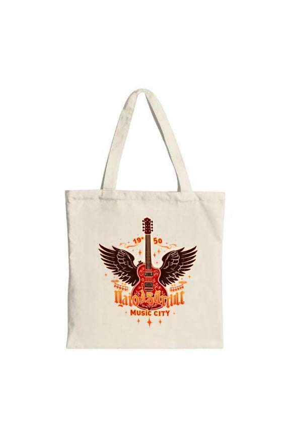 Stylish canvas tote bag featuring a red electric guitar with wings ' 1970 - 20 MUSIC CITY ' and decorative stars and musical notes
