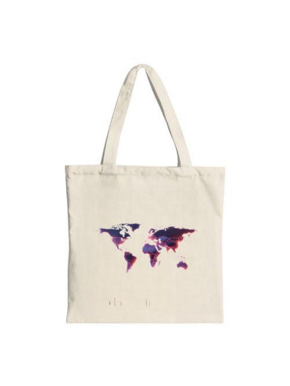 Stylish canvas tote bag featuring a vibrant purple and pink stylized world map design perfect for shopping travel and parties