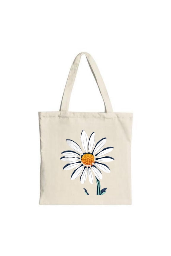 Stylish canvas tote bag featuring a vibrant white daisy with a yellow - orange center and dark blue petals perfect for shopping and travel