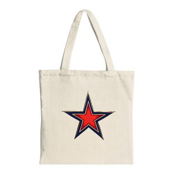 Stylish canvas tote bag with a striking large red star outlined in navy blue and gold perfect for shopping travel and parties