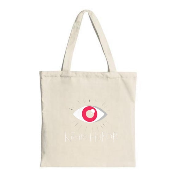 Stylish canvas tote bag with a striking red and white eye design featuring from the pupil and elegant ' KOE HOP ' cursive text