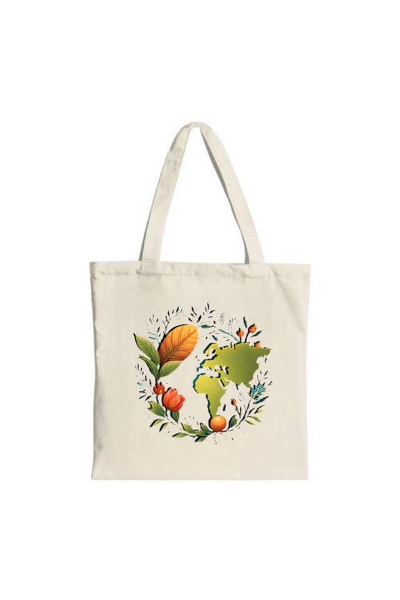 Stylish canvas tote bag with a vibrant globe design surrounded by colorful leaves and flowers perfect for shopping travel and parties