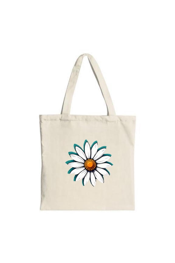 Stylish canvas tote bag with a vibrant white daisy design featuring a bright orange and yellow center and teal petals perfect for shopping and travel