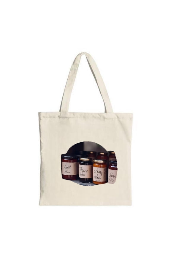 Stylish Canvas Tote Bag with Natural Design & Circular Cutout Featuring Jars Labeled ' Dessert Mead ' - Perfect for Shopping & Travel