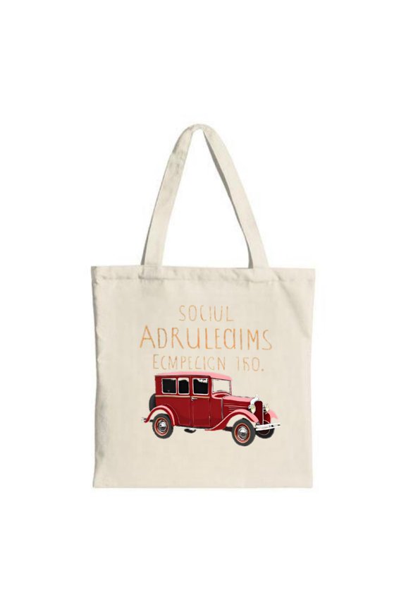 Stylish cream tote bag featuring a classic red car illustration accented with vibrant orange text perfect for shopping and travel