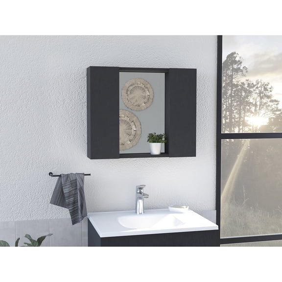 Stylish double-door design | Central mirror with open shelf | Hide bathroom items seamlessly