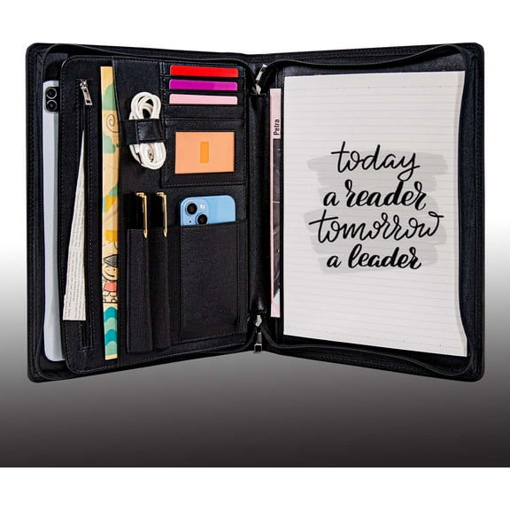 Stylish faux-leather zip portfolio holds A4 pad, tablet & phone. Card slots, pen loops, cable strap, full zipper keep essentials neat. Professional, portableideal for meetings, interviews or gifting