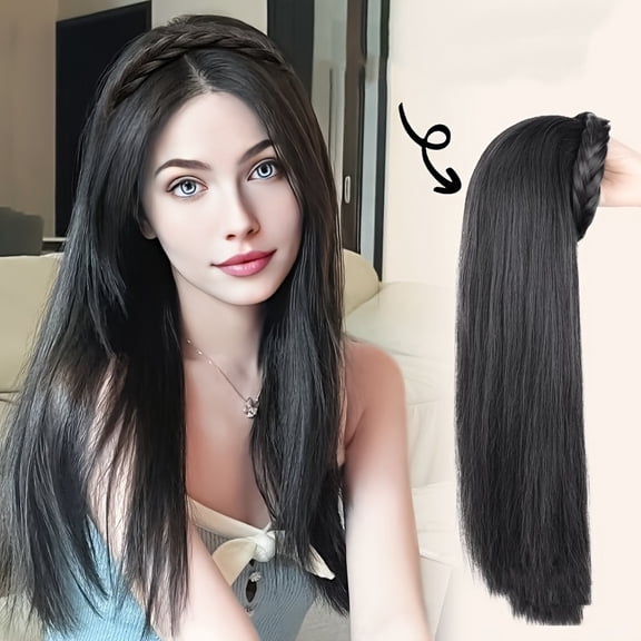 Stylish fishtail braid headband wig, suitable for women - easy to wear, long straight synthetic hair, 150% density, suitable for parties, adjustable cap circumference, occasion wig | smooth straight