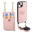 thumbnail image 1 of Stylish for iPhone 13 Heart Pattern Back Phone Case, with Crossbody Strap Litchi Texture PU Leather Card Slots Bag Drop Protection Multifunctional Zipper Pocket for iPhone 13, Pink, 1 of 11