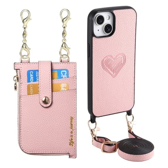 Stylish for iPhone 13 Heart Pattern Back Phone Case, with Crossbody Strap Litchi Texture PU Leather Card Slots Bag Drop Protection Multifunctional Zipper Pocket for iPhone 13, Pink