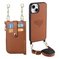 thumbnail image 1 of Stylish for iPhone 13 Heart Pattern Back Phone Case, with Crossbody Strap Litchi Texture PU Leather Card Slots Bag Drop Protection Multifunctional Zipper Pocket for iPhone 13, Brown, 1 of 11