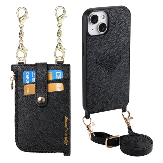Stylish for iPhone 13 Heart Pattern Back Phone Case, with Crossbody Strap Litchi Texture PU Leather Card Slots Bag Drop Protection Multifunctional Zipper Pocket for iPhone 13, Black