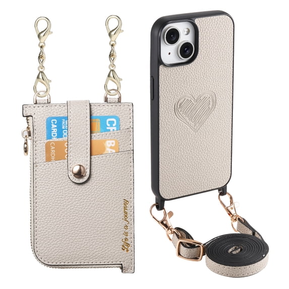 Stylish for iPhone 13 Heart Pattern Back Phone Case, with Crossbody Strap Litchi Texture PU Leather Card Slots Bag Drop Protection Multifunctional Zipper Pocket for iPhone 13, Gray