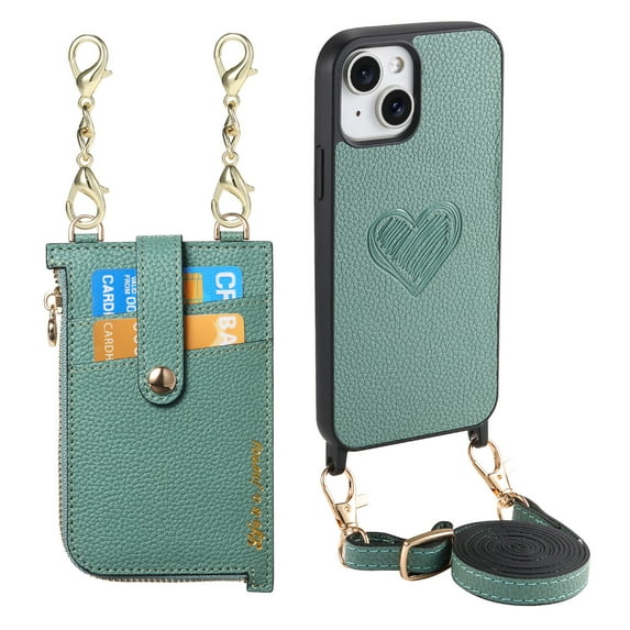 Stylish for iPhone 14 Heart Pattern Back Phone Case, with Crossbody Strap Litchi Texture PU Leather Card Slots Bag Drop Protection Multifunctional Zipper Pocket for iPhone 14, Green