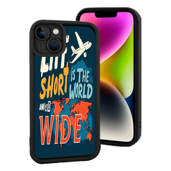 Stylish iPhone 15 Case: Dark Blue Background Airplane & World Map Design " LITTLE SHORT WORLD " & " ANGLER WIDE " Text Lightweight & Yellowing Resistant