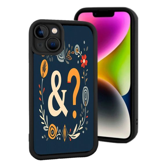 Stylish iPhone 15 Case - Dark Blue with Floral ' O ' Design Black Border Vintage Folk Art Feel Lightweight & Yellowing Resistant