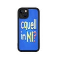 thumbnail image 1 of Stylish iPhone 15 Case - Lightweight Yellowing Resistant with Colorful ' Caquell ' im MI? ' Design on Blue Background Black Border Perfect Fit for Camera Lenses, 1 of 6