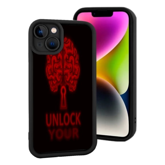 Stylish iPhone 15 Case - Lightweight Yellowing Resistant Features Intricate Red Brain Design & Keyhole Symbol ' UNLOCK YOUR ' Text