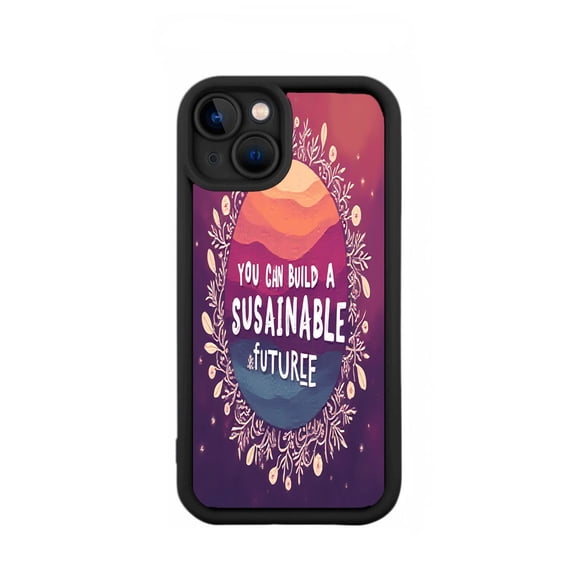 Stylish iPhone 15 Case - Lightweight Yellowing Resistant with Sunset Gradient Mountain & Floral Design Inspirational " YOU CAN BUILD A SUSTAINABLE FUTURE " Text