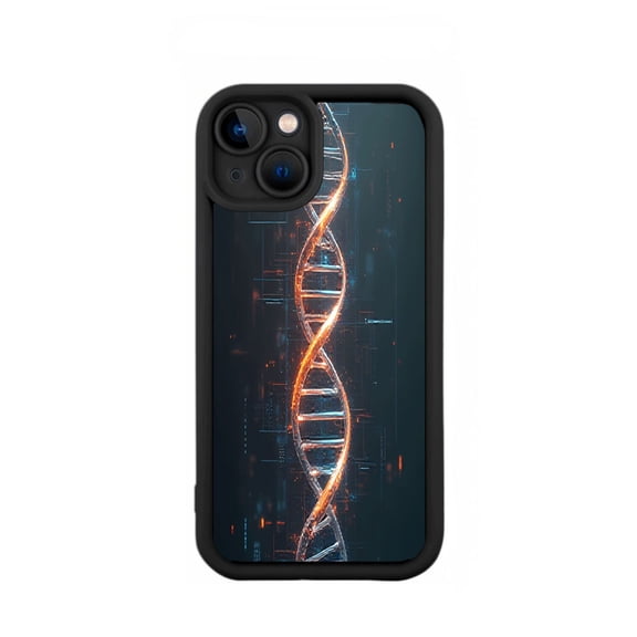 Stylish iPhone 15 Case - Lightweight Yellowing Resistant with Futuristic DNA Helix Design in Glowing Orange & Blue on Dark Background