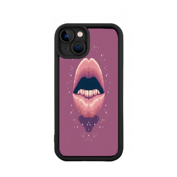 Stylish iPhone 15 Case - Lightweight Yellowing Resistant with Pink & Blue Lips Design on Purple Background Black Border