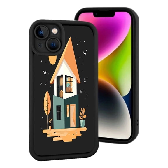 Stylish iPhone 15 Case - Lightweight Yellowing Resistant with Triangular Roof House Design Stars Orange & Teal Colors