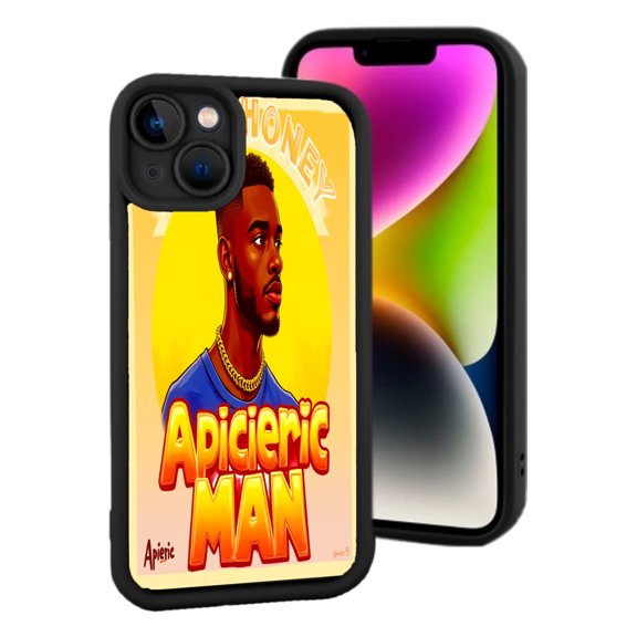 Stylish iPhone 15 Case - Yellow Background with ' APICERIC MAN ' Design Featuring a Man in Blue Shirt & Gold Jewelry Lightweight & Yellowing Resistant