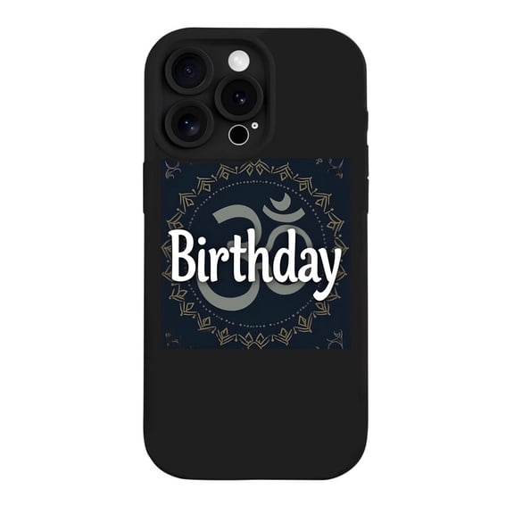 Stylish iPhone 15 Pro Case - Lightweight Yellowing Resistant with Dark Blue & Gold Intricate Patterns Central ' Om ' Symbol & Bold ' Birthday ' Text