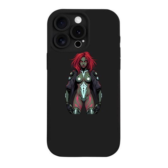 Stylish iPhone 15 Pro Case - Lightweight Yellowing Resistant with Futuristic Character Design Red Hair & Green Skin Black Outfit Glowing Symbol