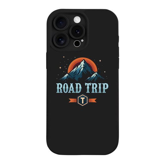Stylish iPhone 15 Pro Case - Lightweight Yellowing Resistant with Mountain Range & Sunset Design Bold ' ROAD TRIP ' Text Perfect for Adventure Lovers