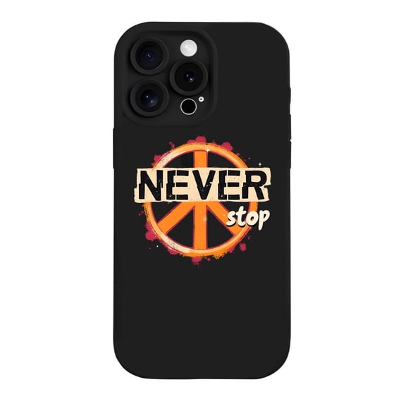Stylish iPhone 15 Pro Case - Lightweight Yellowing Resistant with Vibrant Orange Peace Symbol & Bold ' NEVER stop ' Text Design