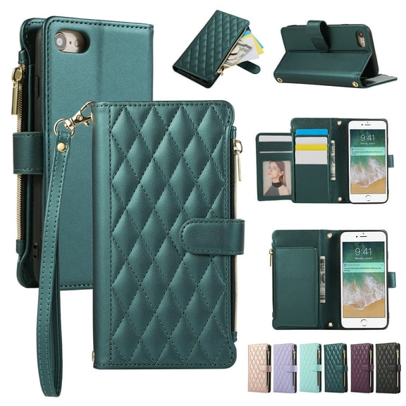 Stylish iPhone SE 2022/2020/ iPhone 8 7 Case Wallet with Card Slots and Zipper Pocket, Hand Wrist + Crossbody Strap RFID Blocking Girls Women Case for Apple iPhone SE 3rd 2nd Gen, Darkgreen