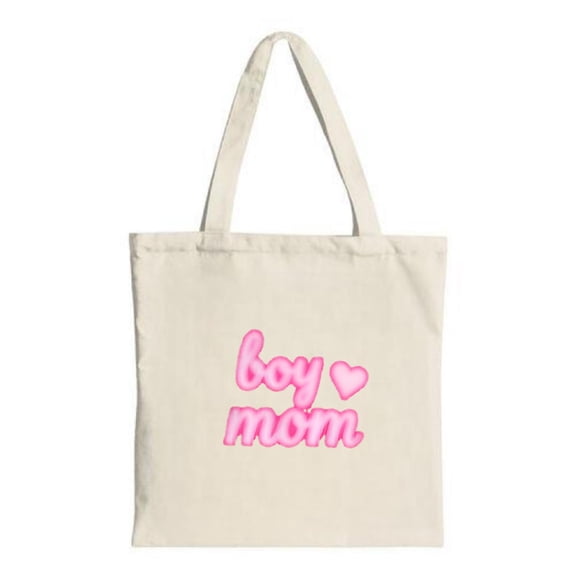 Stylish light - colored canvas tote bag with " mom " in pink and a heart perfect for shopping travel and parties
