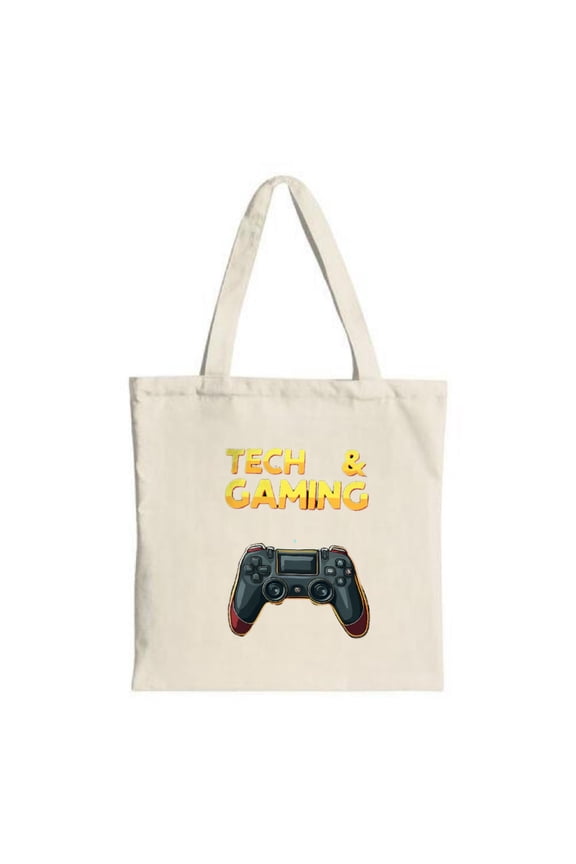 Stylish light - colored tote bag featuring a game controller and bold yellow " TECH & GAMING " text perfect for shopping and travel