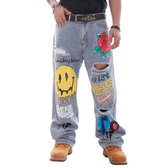 Stylish printed distressed denim U.jeans for men in a fashionable long style.