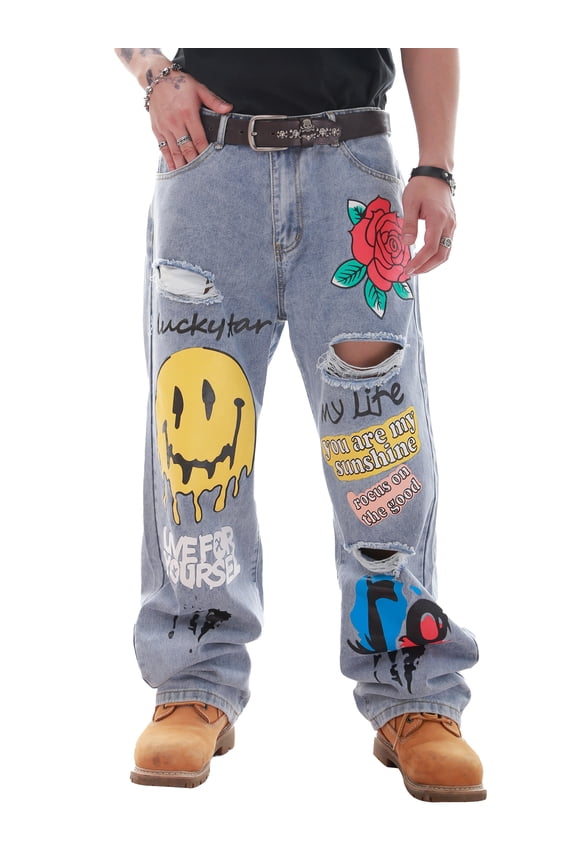 Stylish printed distressed denim U.jeans for men in a fashionable long style.